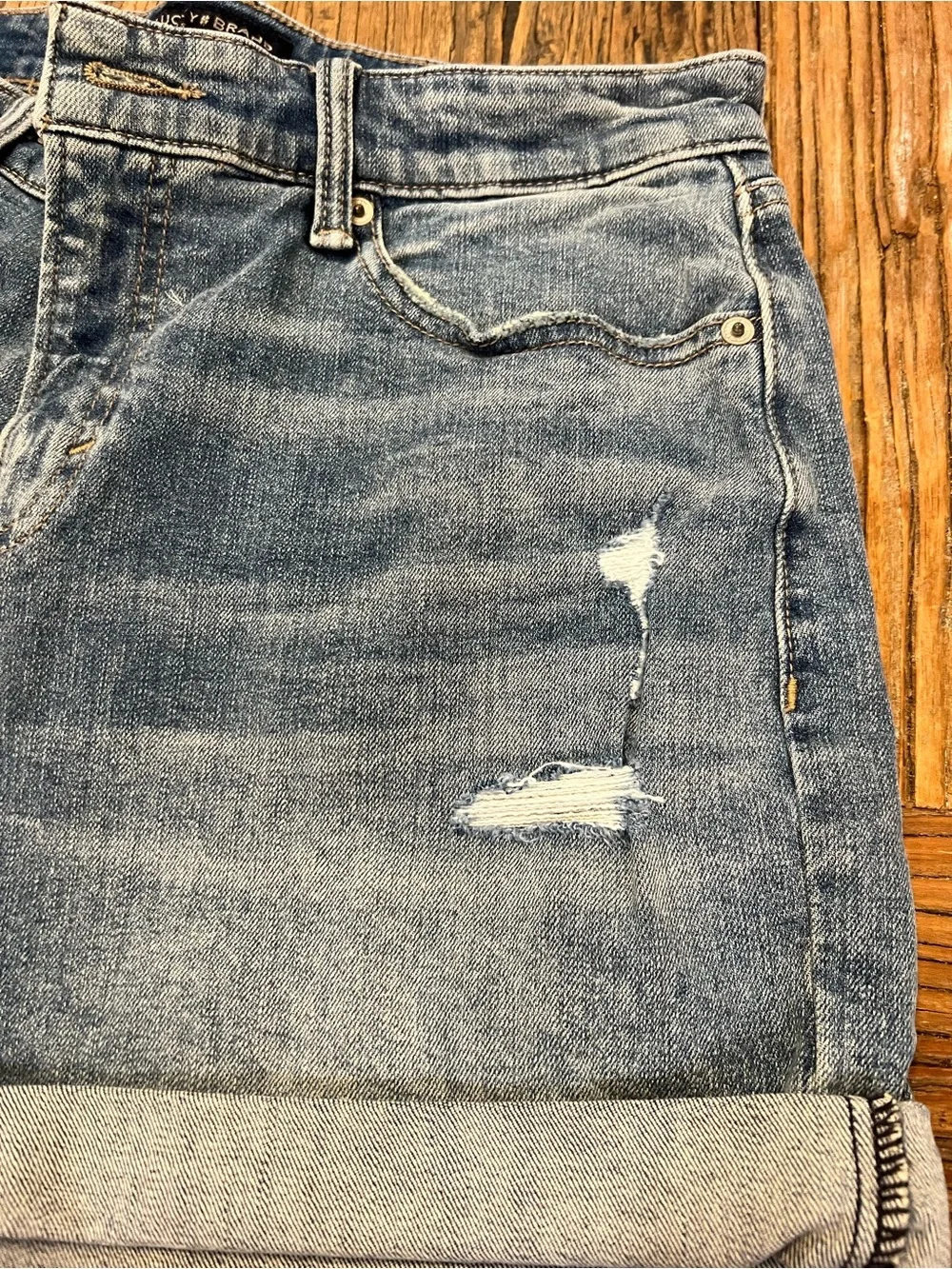 Lucky Brand Washed Light Blue Distressed Roll-Cuff Denim Shorts